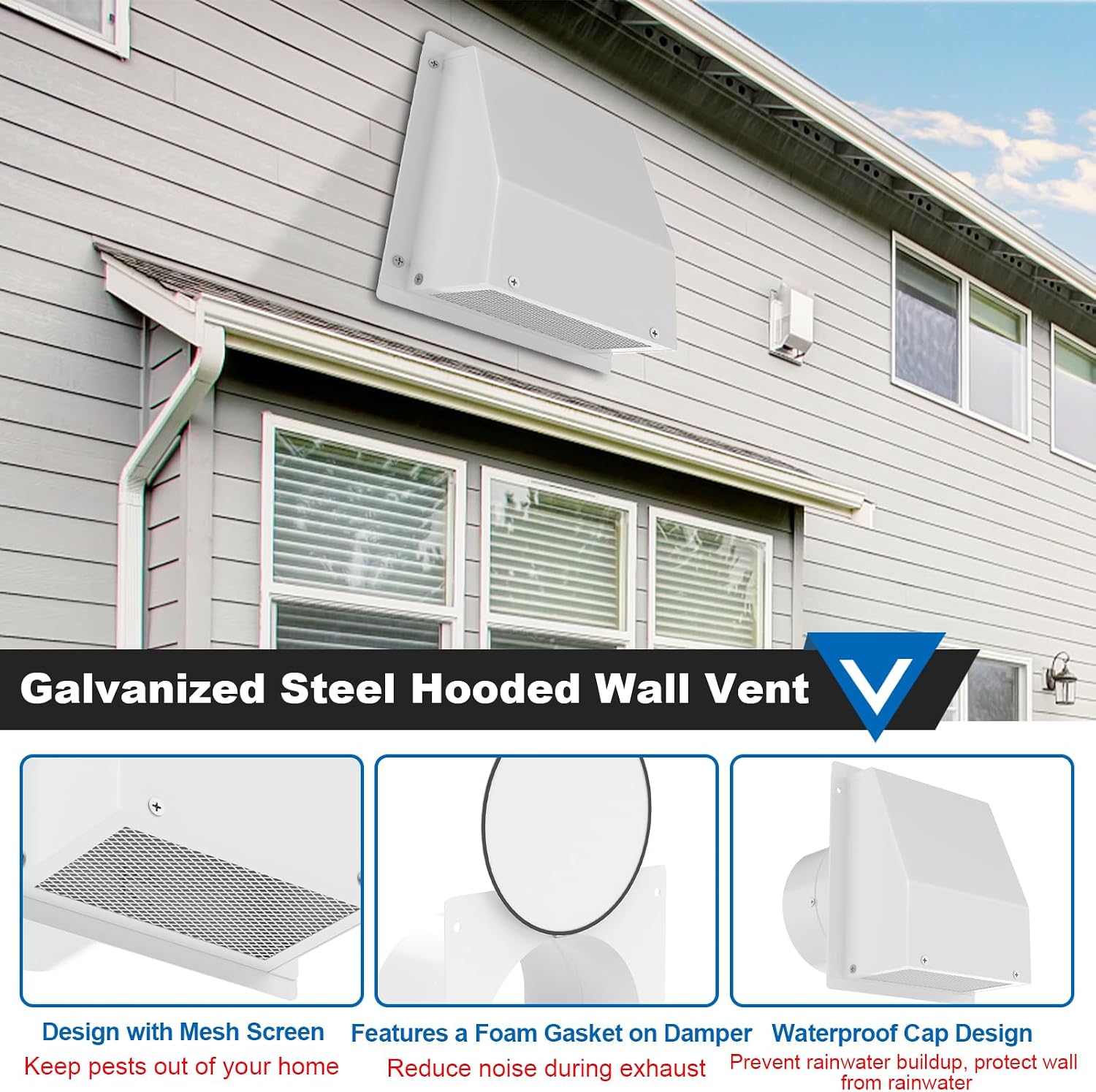 ‼️used missing pieces‼️10 Inch Hooded Wall Vent with Screen and Damper, Galvanized Steel Wall Vent Cap White Metal Hood Cover Exhaust Duct Kit with Hose Clamp Foil Tape Screws for Exterior Laundry Room Bathroom Basement